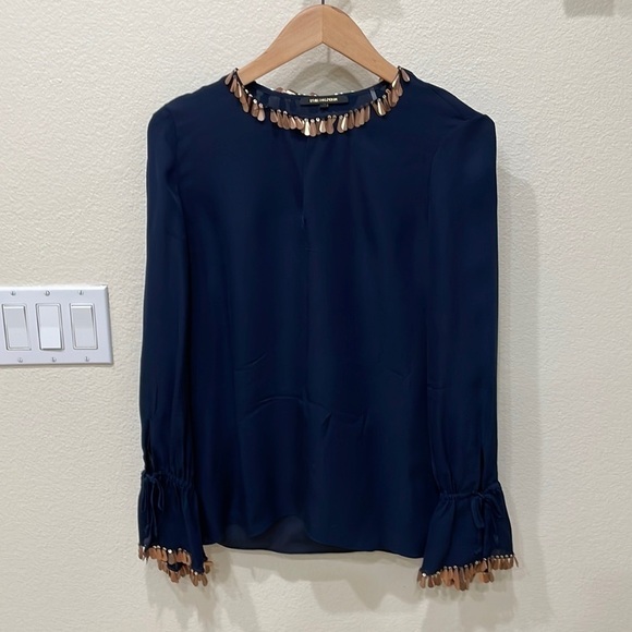Kobi Halperin Dark Navy Sequin Embellished 100% Silk Blouse-Like New!! Size XS - Picture 1 of 8